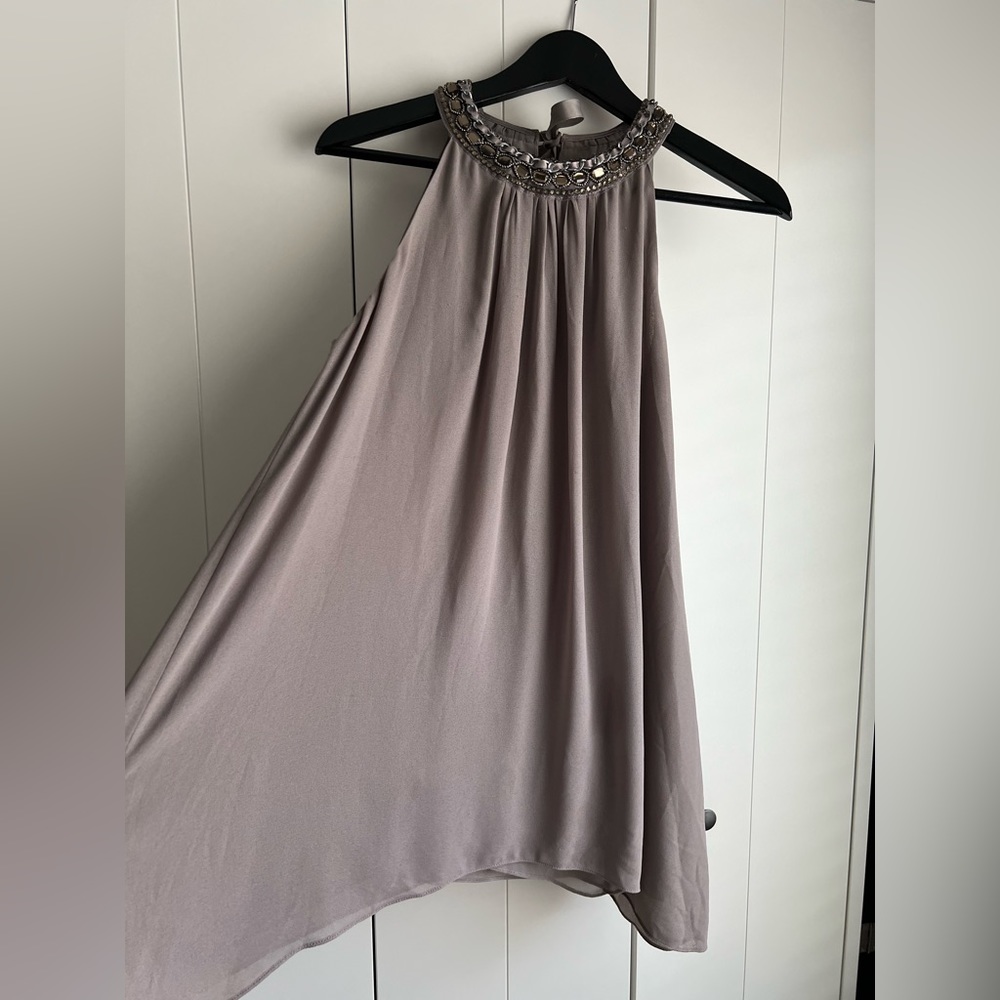 Max Studio Jeweled Halter Sleeveless Blouse | Taupe | M